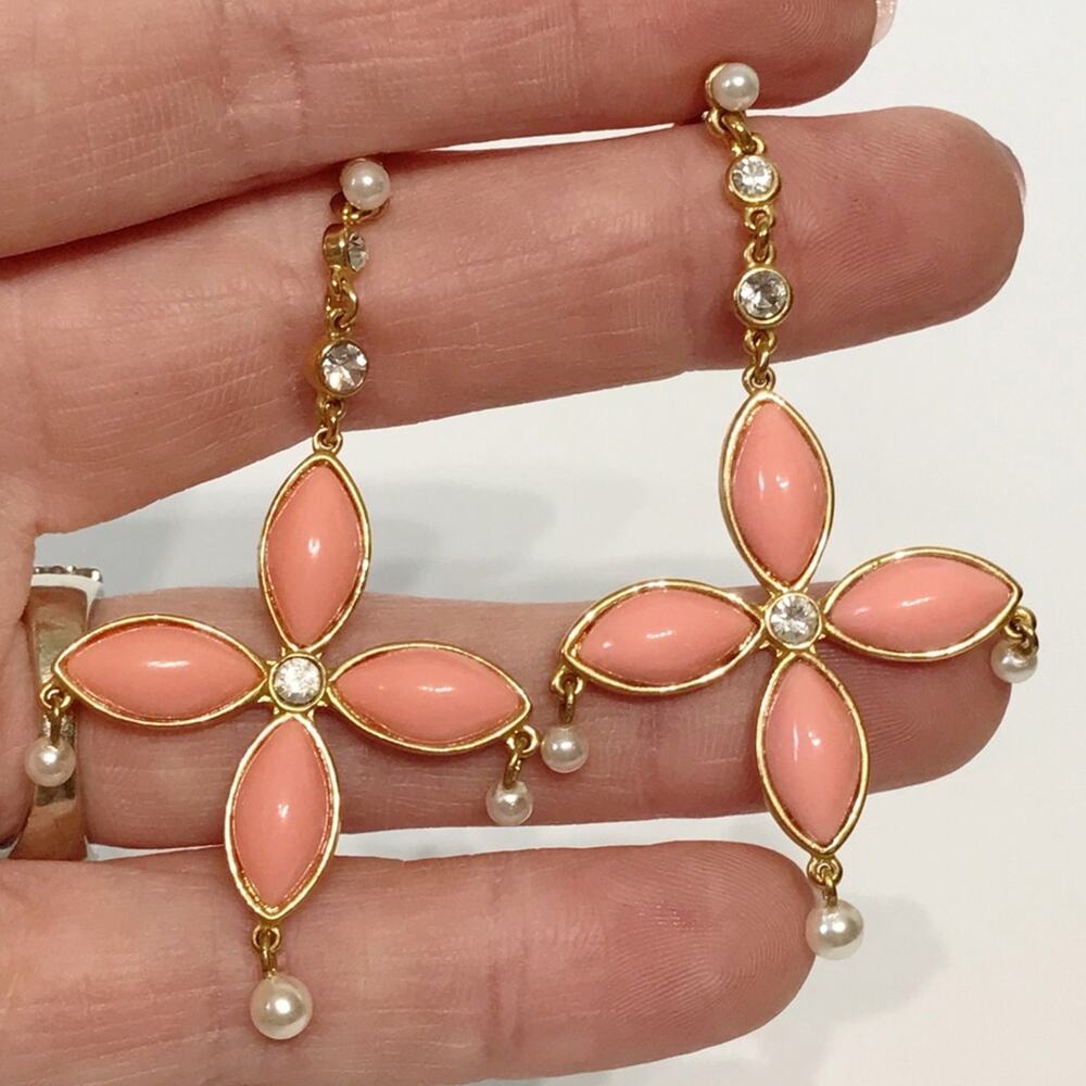 Vintage Signed PJM Drop Chandelier Earrings Gold Tone Faux Pink Coral Pearl